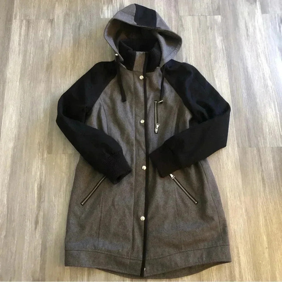 Express Women’s‎ Wool Blend Long Coat Size M Hooded Full Zipped Pockets - Picture 1 of 9